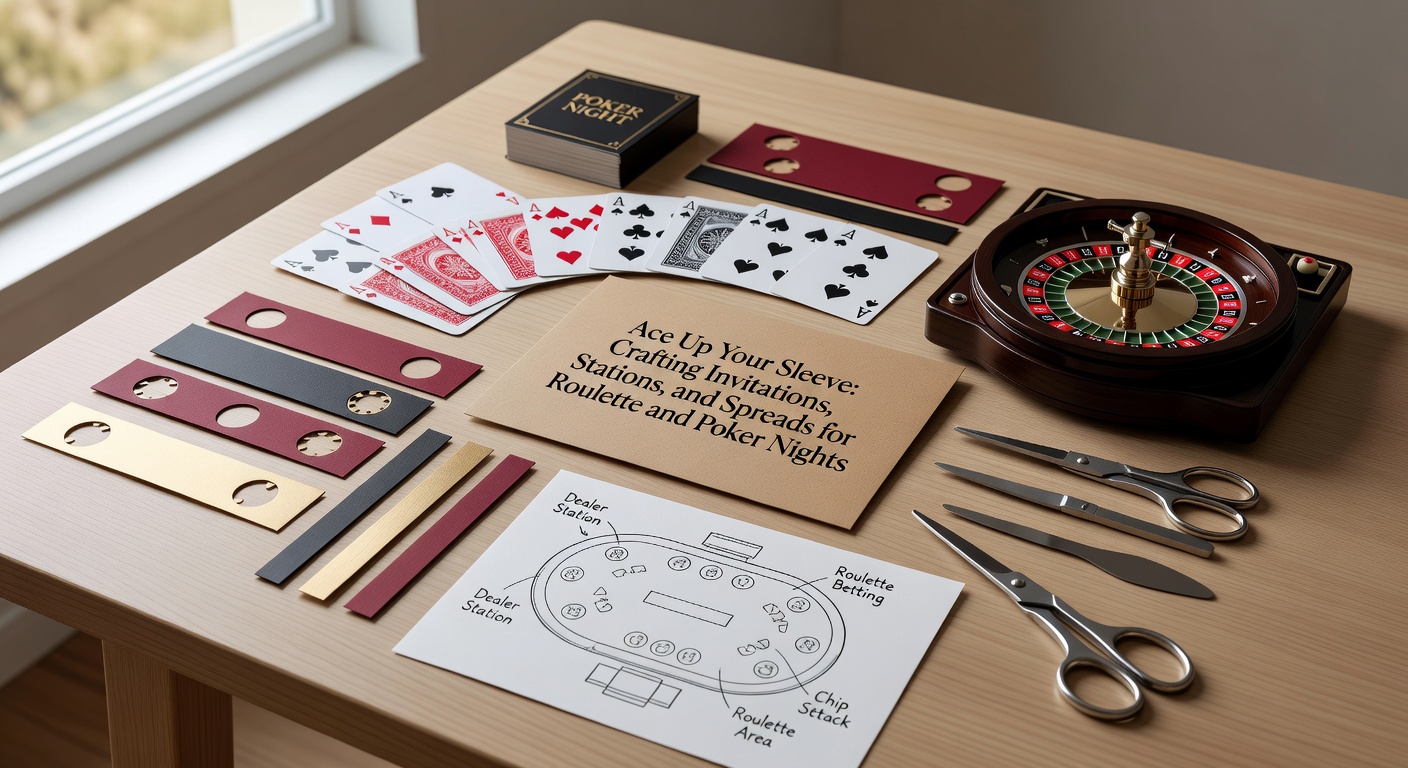 Close-up of a stylish poker-themed invitation featuring gold foil aces, casino chips, and roulette wheel motifs on black velvet paper, evoking high-stakes glamour