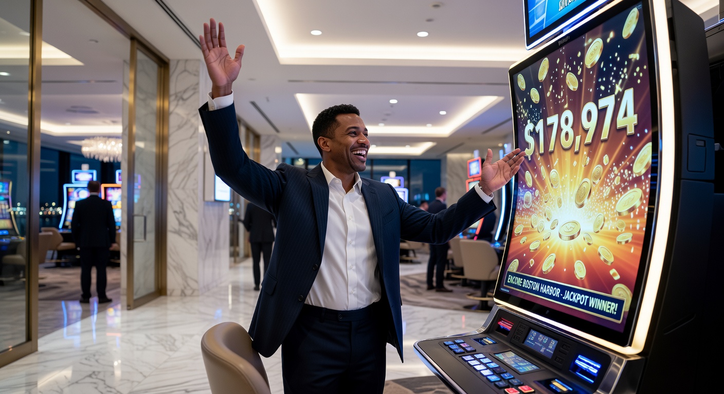 Crowded casino floor at Encore Boston Harbor with players at slot machines under bright lights, evoking the thrill of jackpot season